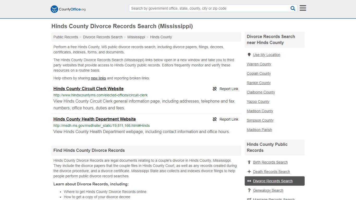 Hinds County Divorce Records Search (Mississippi) - County Office