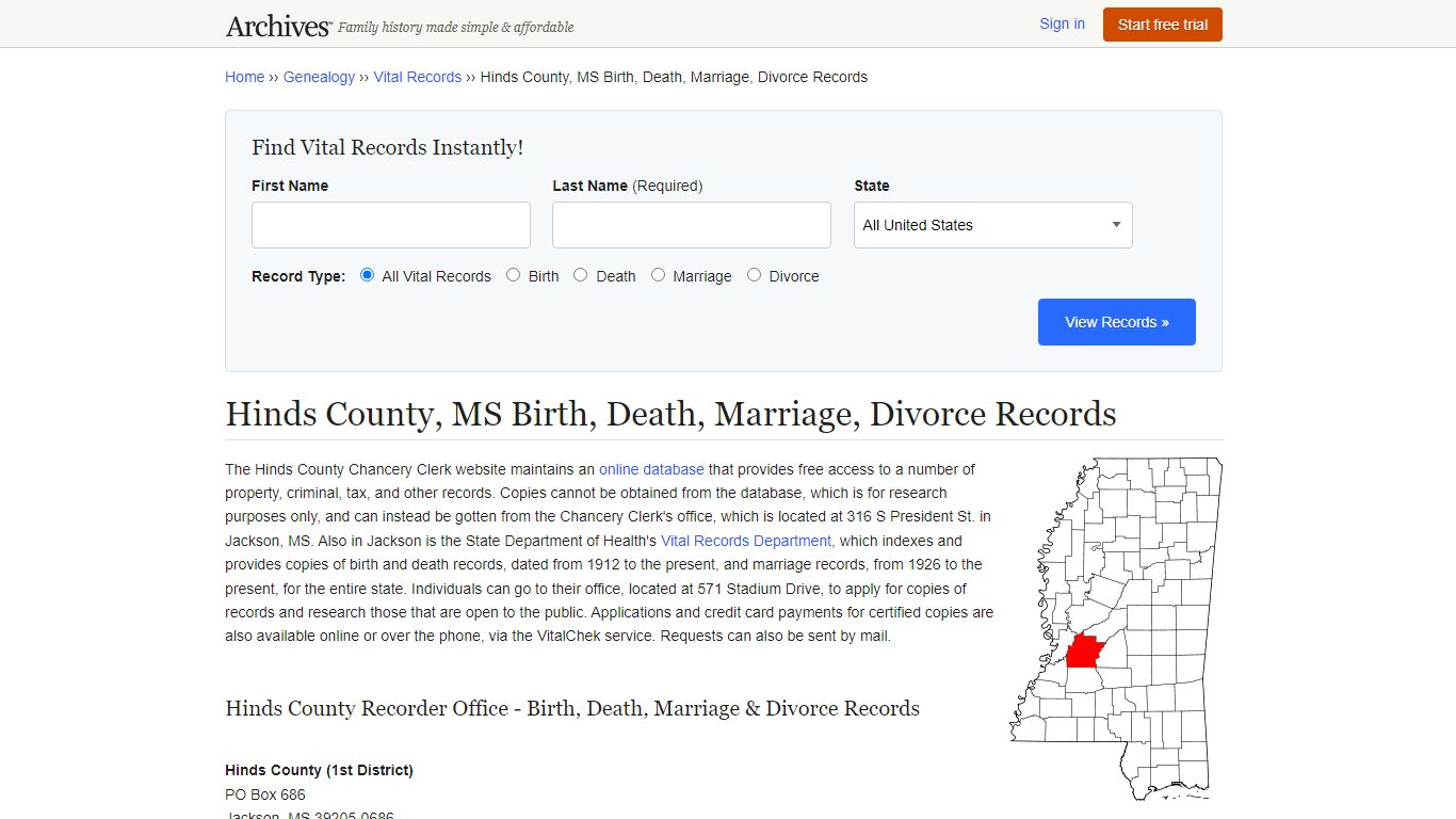 Hinds County, MS Birth, Death, Marriage, Divorce Records - Archives.com